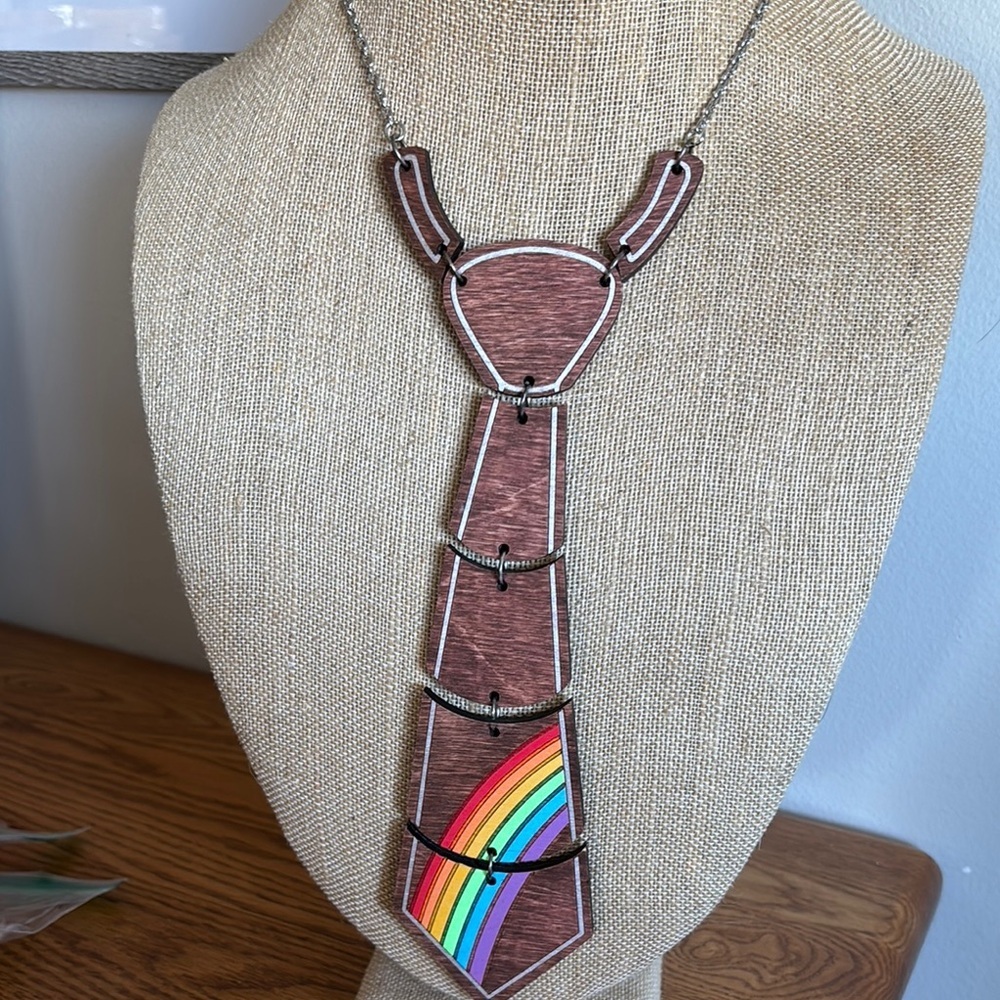 Wooden Tie Necklace with Rainbow Design